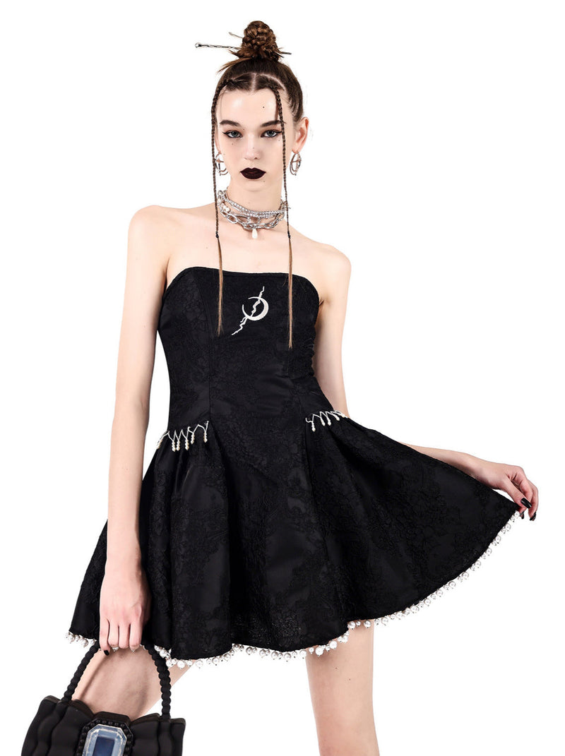 Electric Moon Dark Flower Embroidered Tube Top Pearl Dress