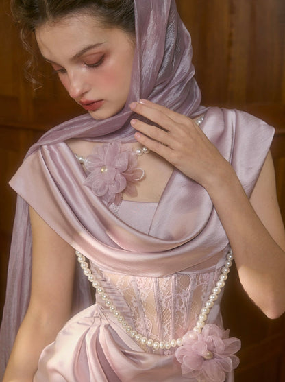French Romantic Design Heavy Purple Satin Light Fishbone Dress