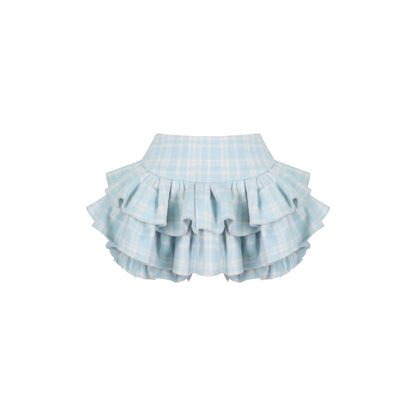 Custard Pudding Yellow Plush Jacket + Blue Plaid Tiered Skirt