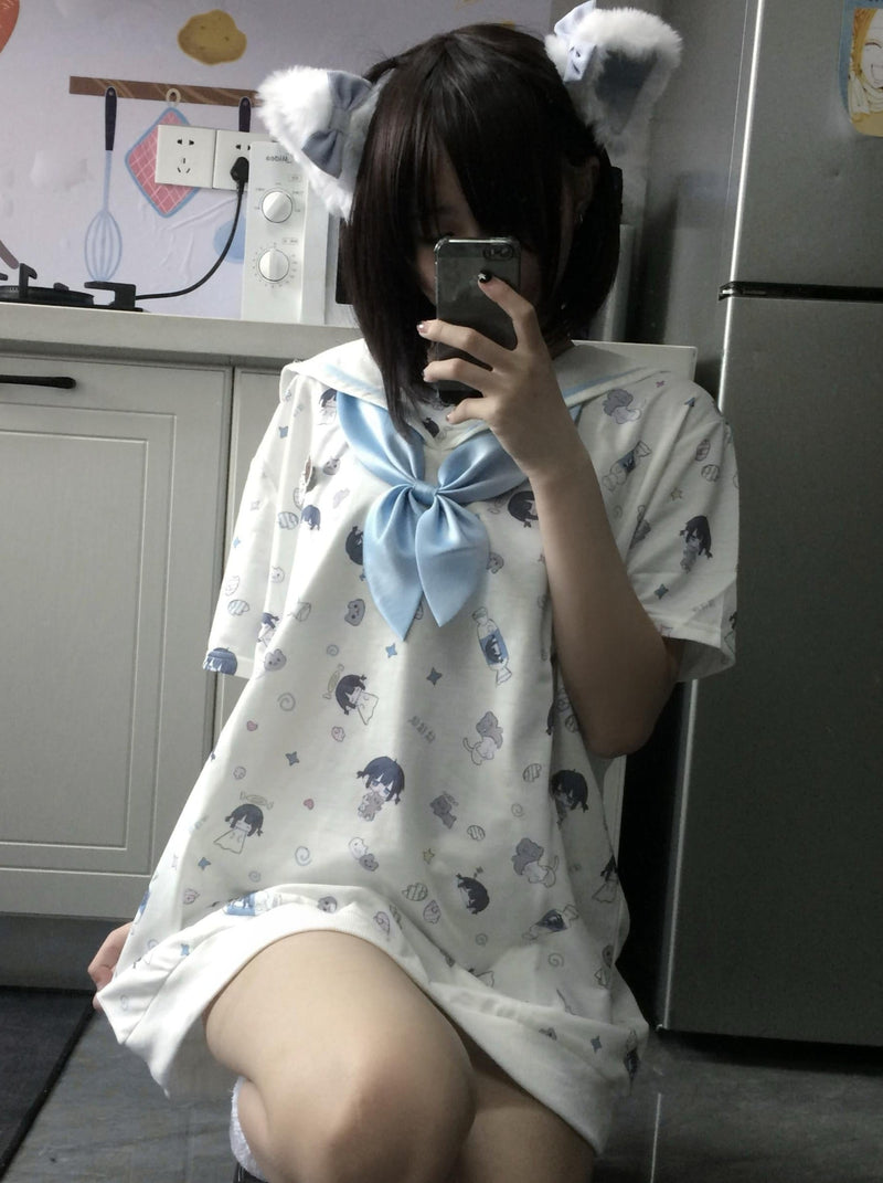 Sailor Aqua Blue Necktie Badge Print Dress