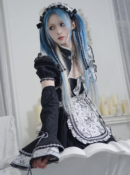 Silver Dragon Maid Gothic Dress + Apron + Arm Cover