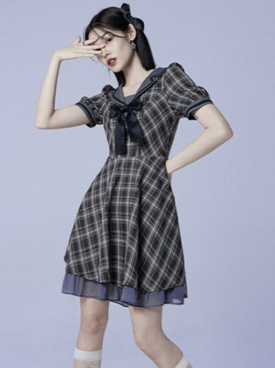 Plaid Bow Sailor Layered Dress