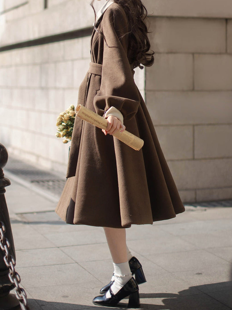 Retro Brown Plaid Volume Sleeveless Layered Dress + Pearl Ribbon Accessory + Classic Belt Coat [pre-order]