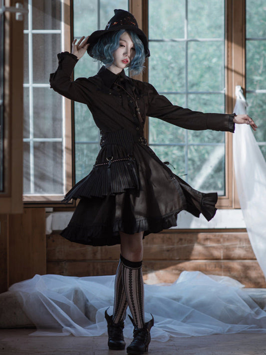 Steam Continental Ruffle Black Coffee Pinstripe Shirt Dress