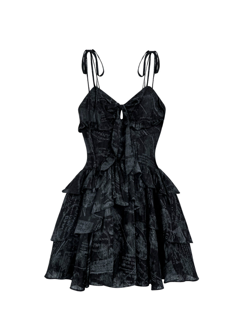 Cool Black Print Chiffon Suspender Tiered Dress