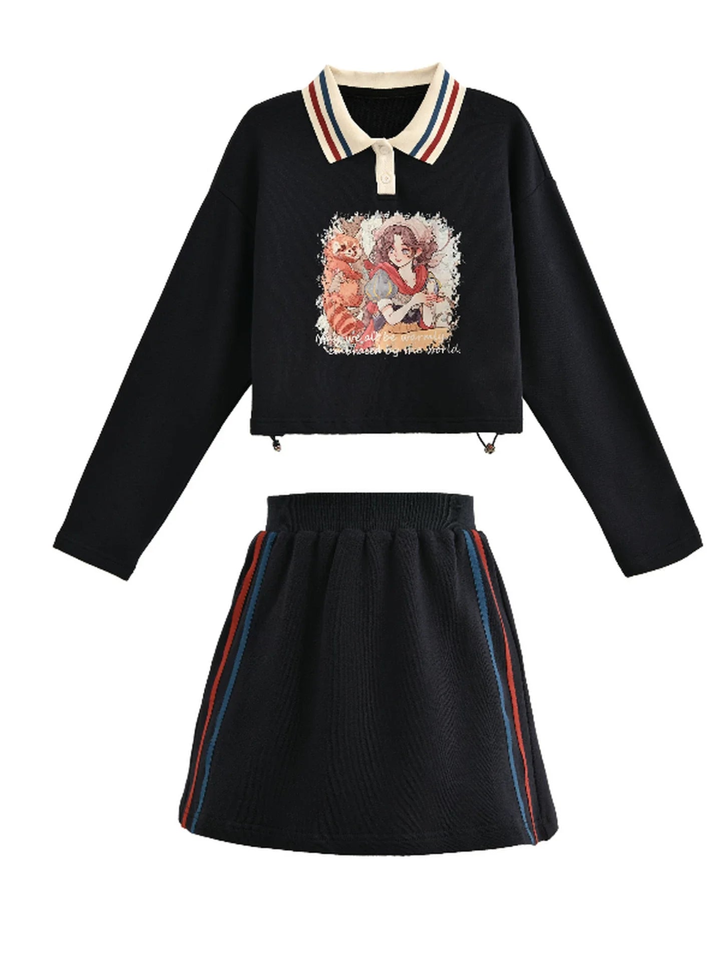 Retro Anime Girl Design Polo Top + Skirt