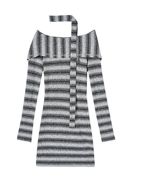2-way Knit Striped Mode Slim Dress + Knit Scarf