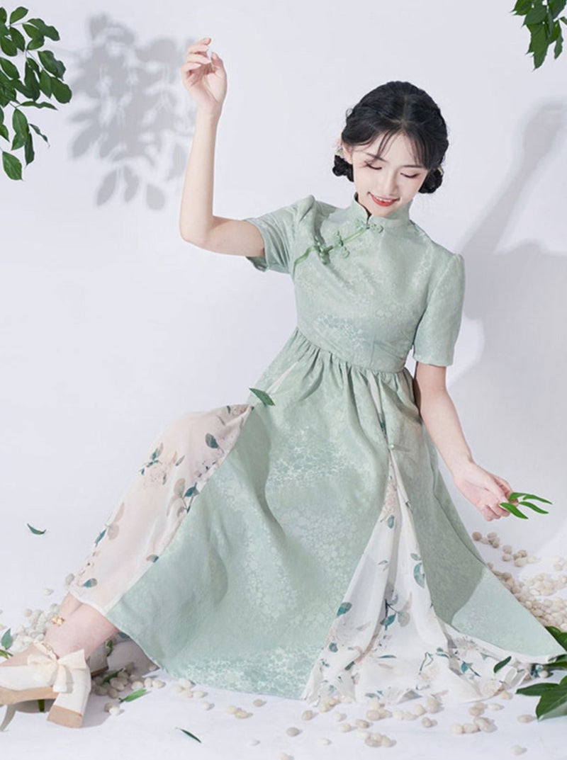 Retro Buckle Stand Collar High Waist Chinese-style Dress