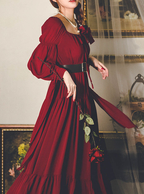 French Puff Strap Sleeve Tiered Ribbon Dress