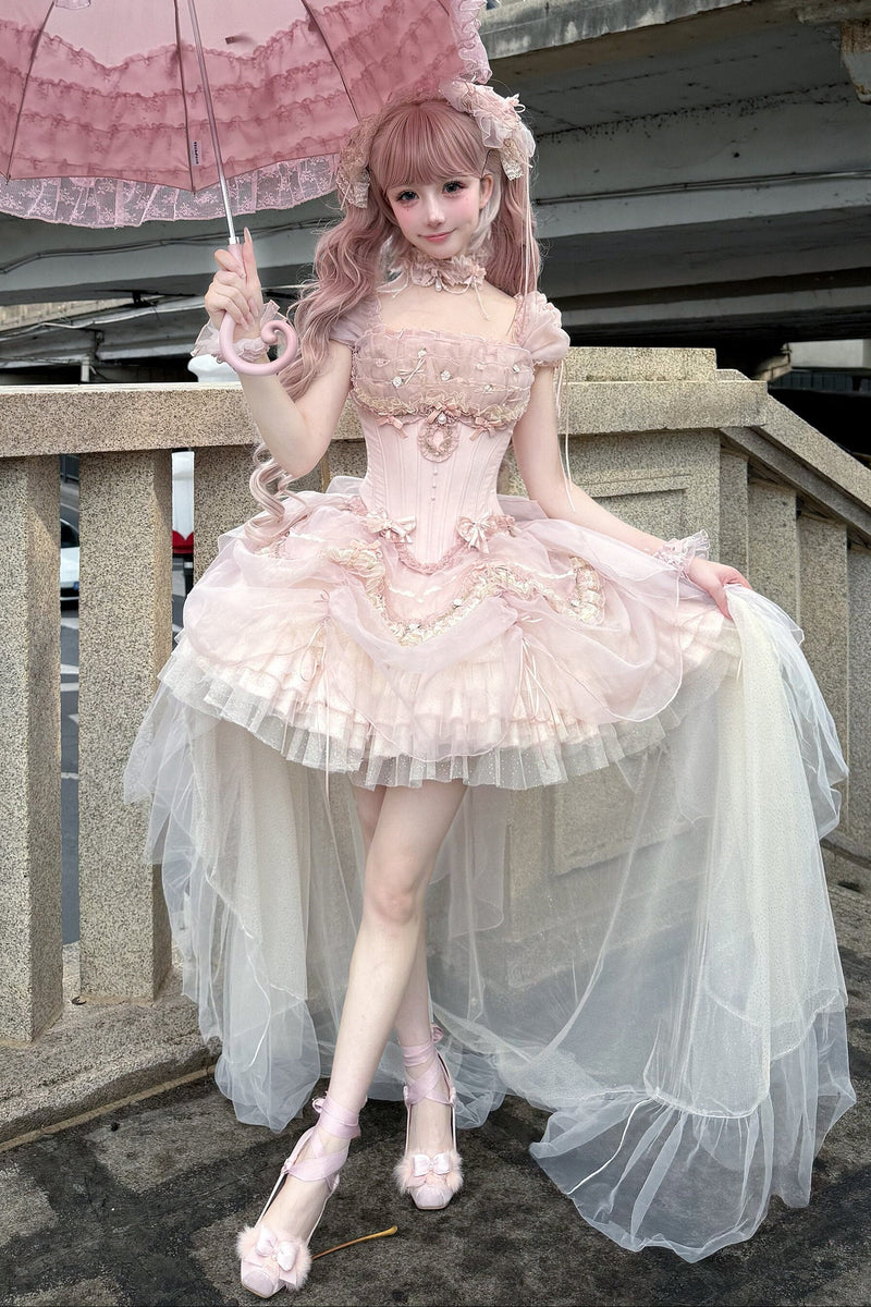 [pre-order Deadline: May 13] Pink Ballet Lolita Lace Ribbon Bustier Corset Top + Pull-up Tulle Tiered Skirt Set + Back Ribbon Train