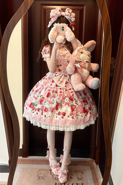 [pre-order Deadline: April 29] Strawberry Rabbit Print Lace Ribbon Sweet Dress + Complete Set