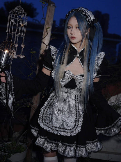 Silver Dragon Maid Gothic Dress + Apron + Arm Cover