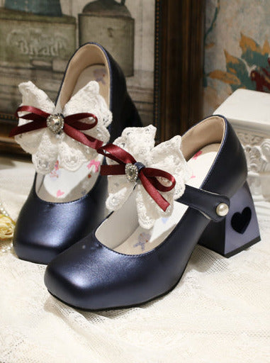 Lolita French Lace Ribbon Square Toe Love Heel Shoes