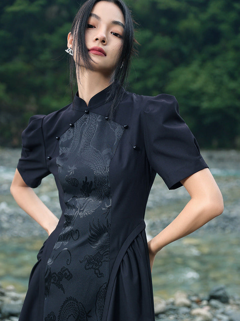 Jacquard Retro Puff Sleeve Chinese-style Dress