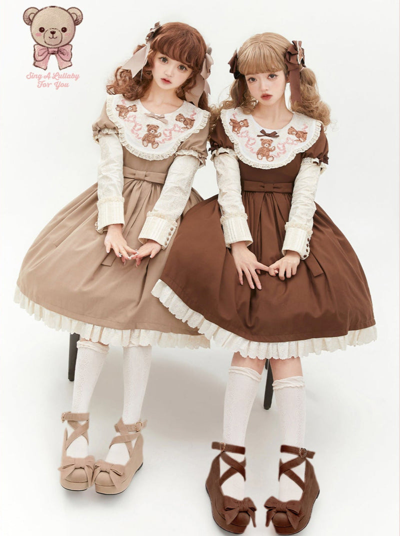 [pre-order] Lolita Teddy Bear Flap Lace Puff Sleeve Ribbon Dress