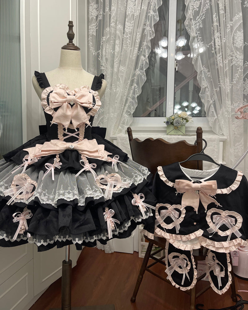 Layered Ruffle Sweet Princess Lolita Jumper Skirt + Tail + Headband + Cape + Bonnet