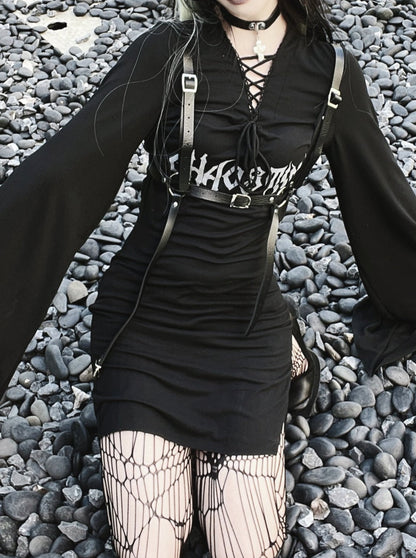Dark Lace-up V Neck Gothic a Line Dress