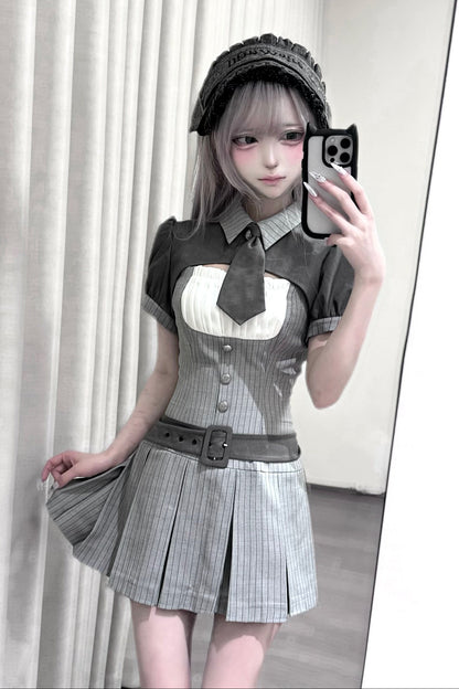 [pre-order Deadline: April 15] Gray Pinstripe Tie Collar Short Jacket Dress Full Set + Jewel Casquette