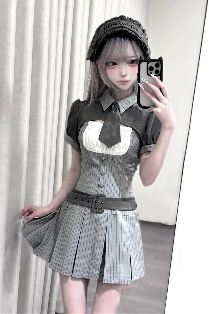 [pre-order Deadline: April 15] Gray Pinstripe Tie Collar Short Jacket Dress Full Set + Jewel Casquette