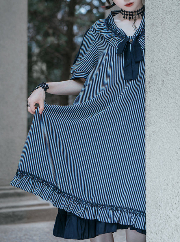 Steam Continental Retro Stripe Puff Sleeve Dark Gothic Dress