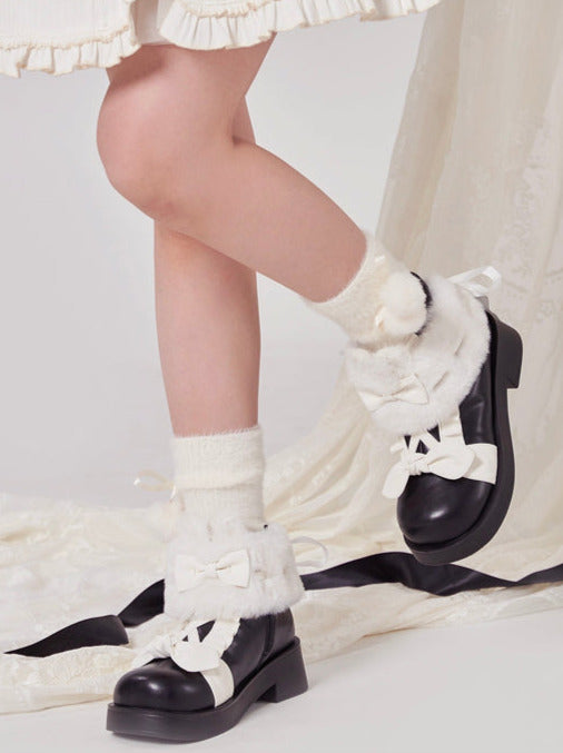 Snow Lolita Mid-heel Color Block Ribbon Sweet Velvet Short Boots