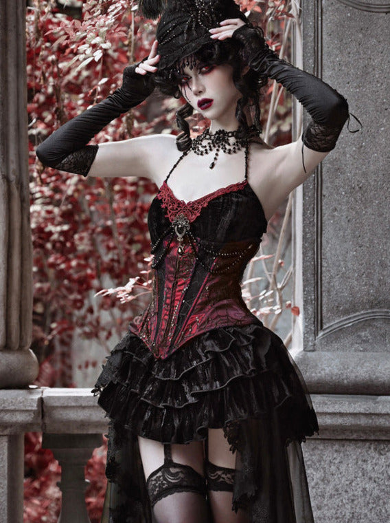 Duchess Gothic Velvet Long Tail Belt Suspender Tulle Dress Suit