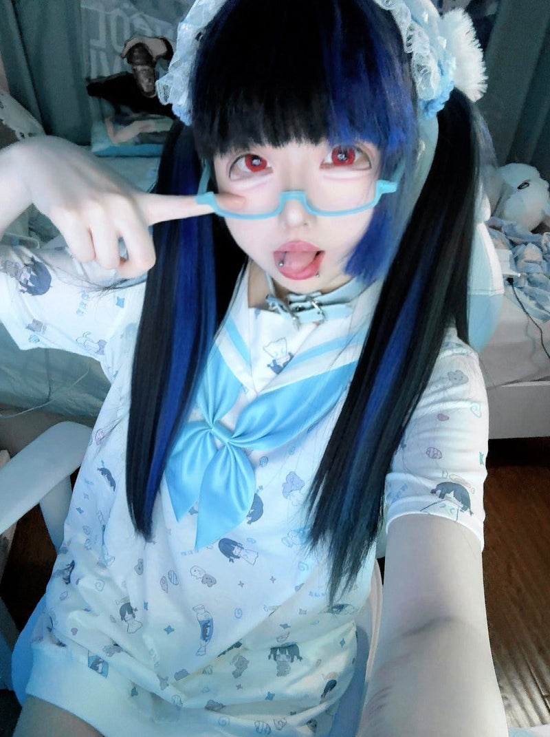 Sailor Aqua Blue Necktie Badge Print Dress