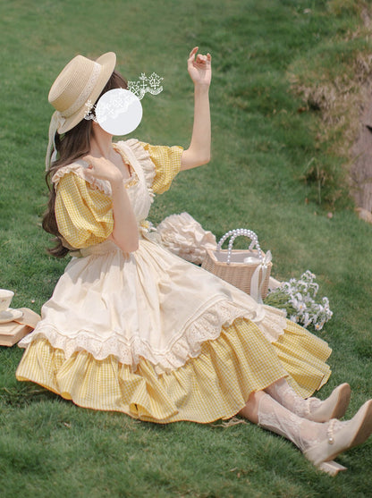 [pre-order] Retro Girly Yellow Dress + Apron + Ribbon