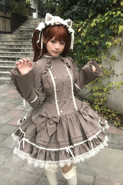 [pre-order Deadline: April 25] Phantom Cat Sweet Ribbon Stripe Lace Bell Sleeve Lolita Dress
