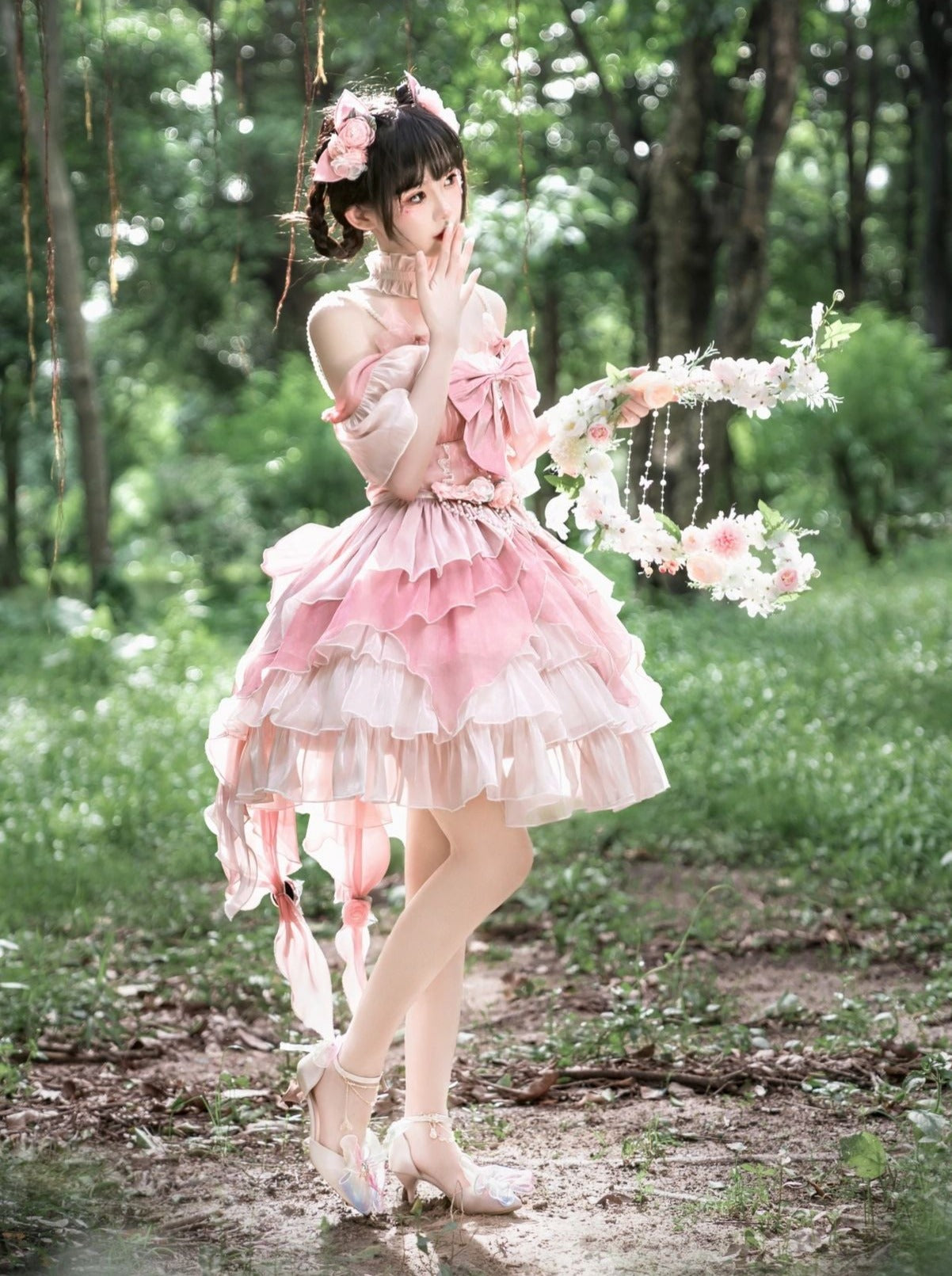 Sweet Pink Ribbon Wedding Lolita Dress + Waist Chain + Tail + Hair Accessory + Accessory