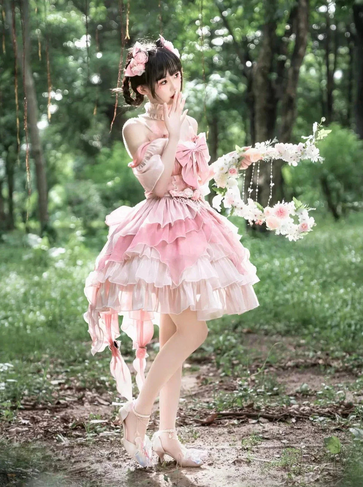 Sweet Pink Ribbon Wedding Lolita Dress + Waist Chain + Tail + Hair Accessory + Accessory