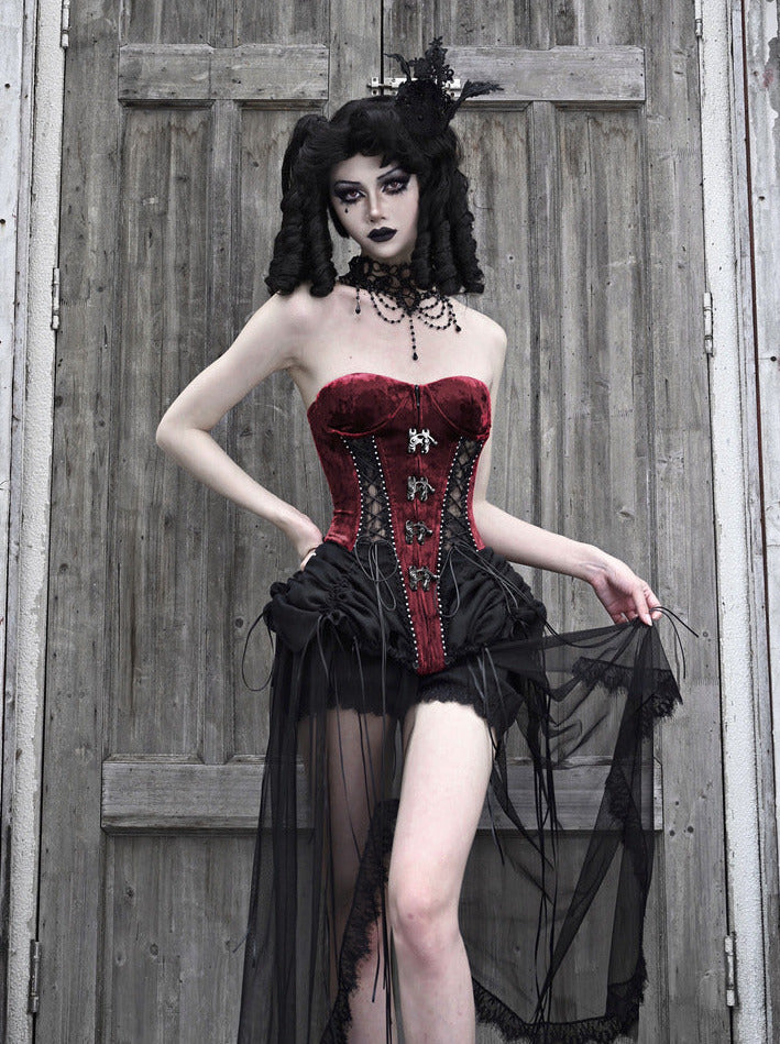 Hell Alice Gothic Dark Fishbone Strap Corset Tulle Dress Set