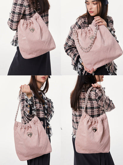 Cool Metal Diamond Quilted Leather Chain Tote Bag