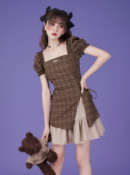 Pure Cool Design Coffee Color Plaid Dress