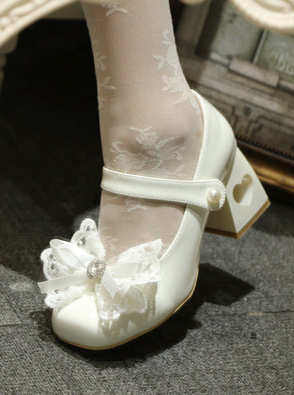 Lolita French Lace Ribbon Square Toe Love Heel Shoes