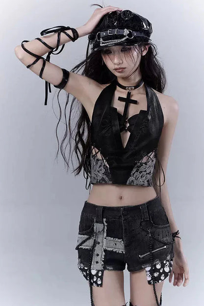 Dark Lace Patchwork Leather Camisole