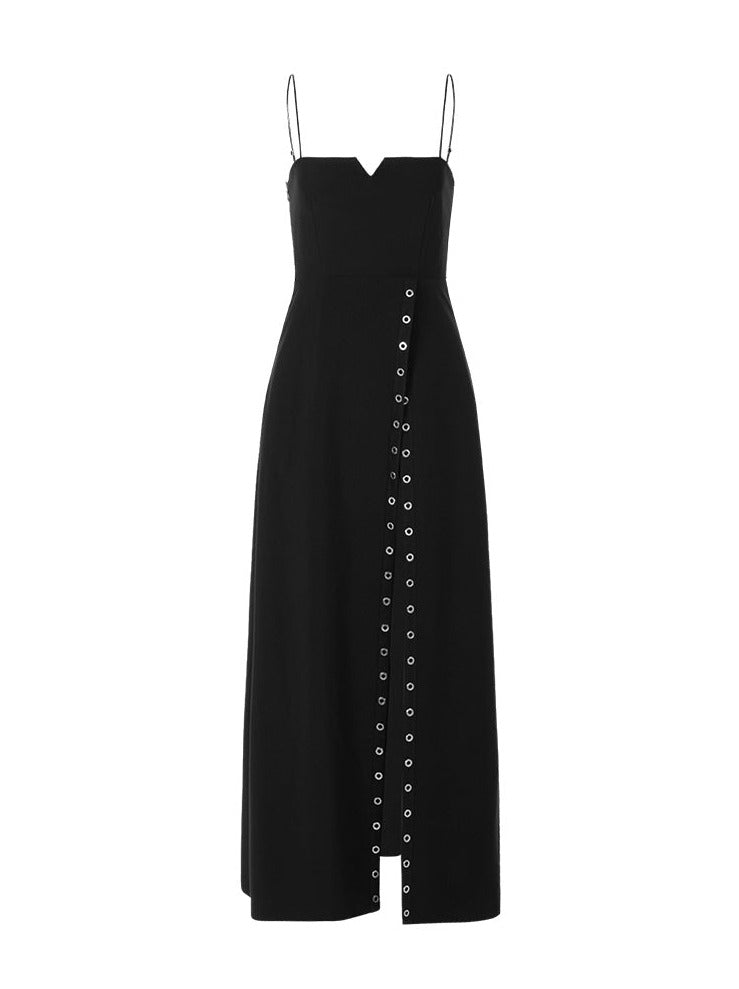 Eyelets Slit Black Slip Dress