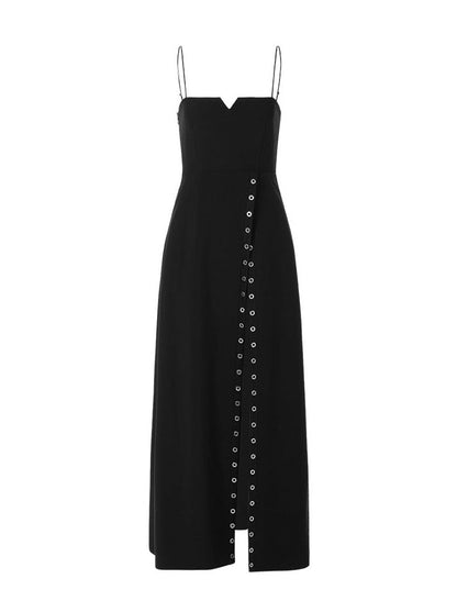 Eyelets Slit Black Slip Dress