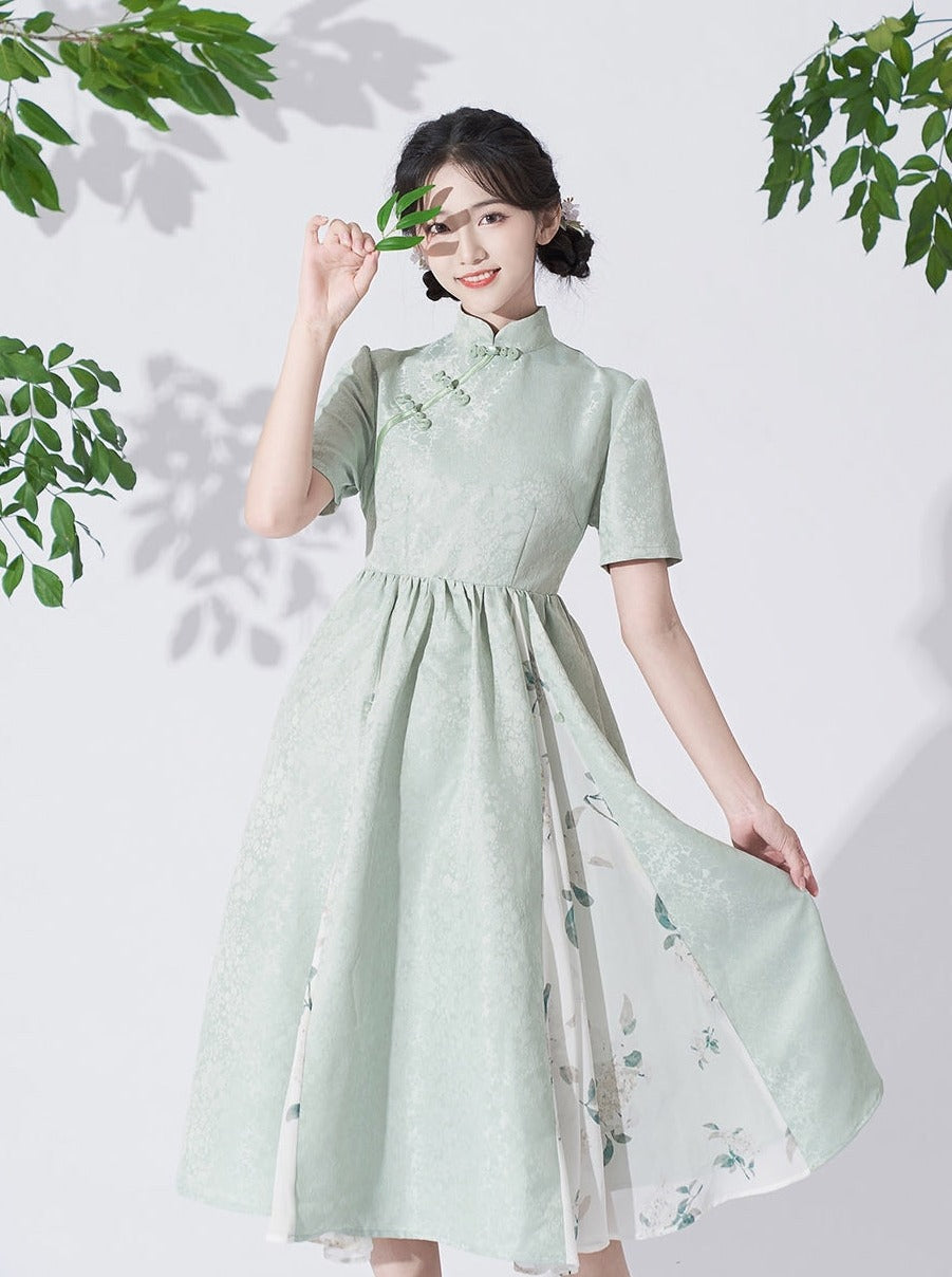 Retro Buckle Stand Collar High Waist Chinese-style Dress