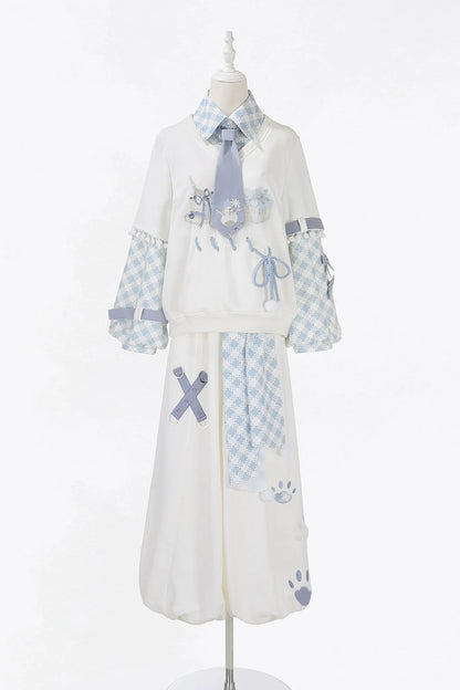 Digital Plaid Top + Wide Pants + Belt + Tie