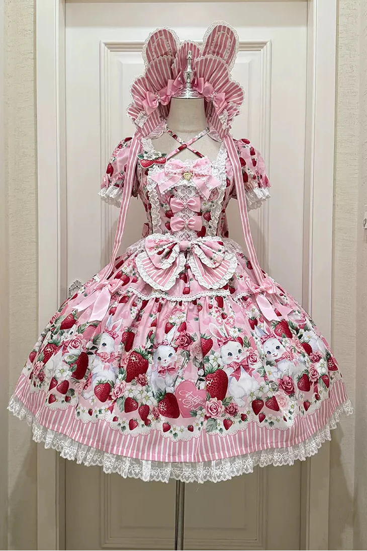 [pre-order Deadline: April 29] Strawberry Rabbit Print Lace Ribbon Sweet Dress + Complete Set