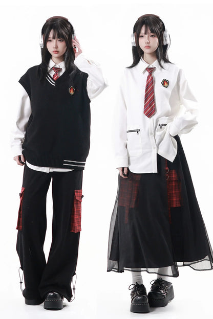 College Knit Vest + Shirt + Long Skirt + Pants + Tie