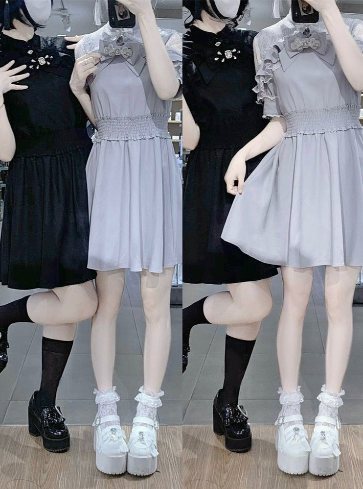 Chinese-style Lace Ribbon Off-shoulder Dress