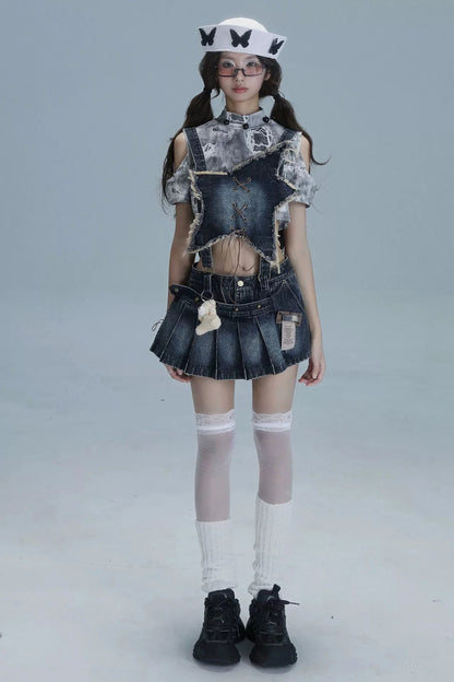 Y2k Star Denim Overall Skirt + Inner Top
