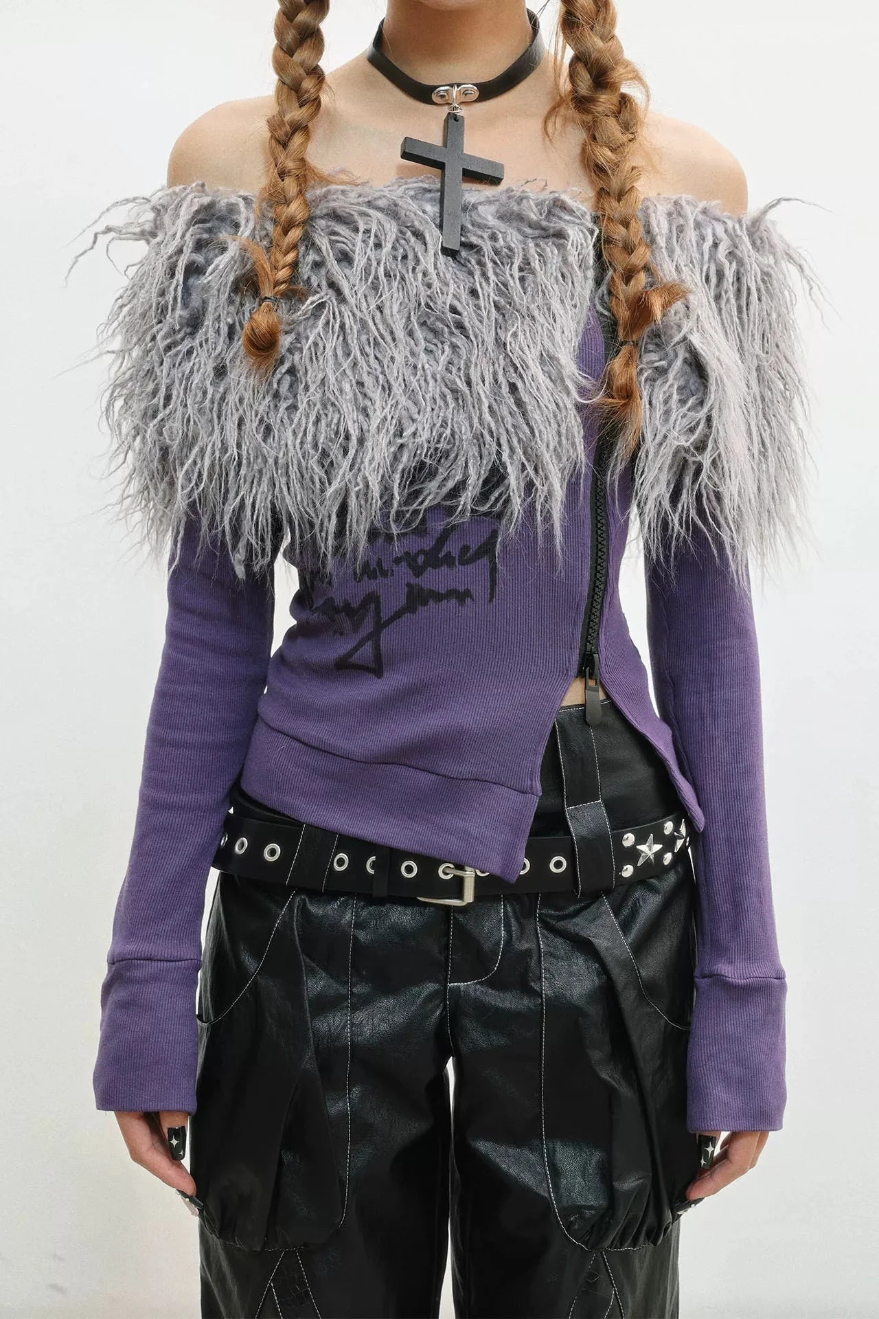 Zip Faux Fur Shoulder Top
