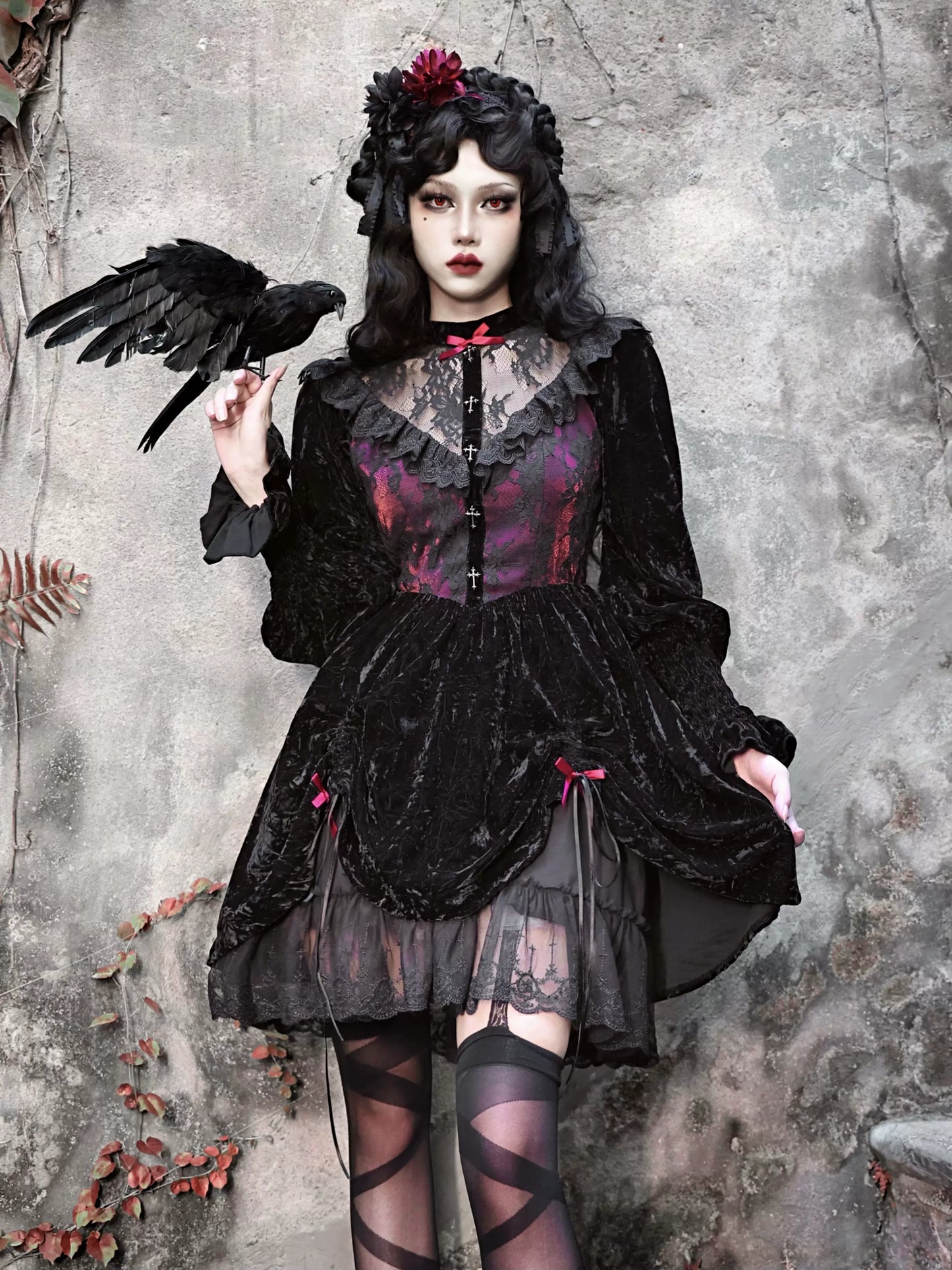 Rose Cemetery Gothic Dark Red Velvet Puff Sleeve Lace Dress