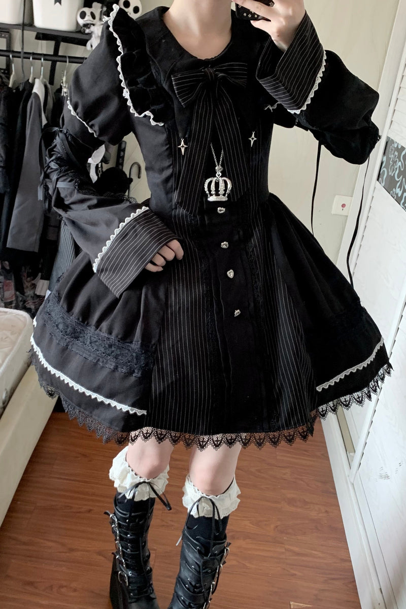 Gothic Doll Striped Lolita Dress + Sleeves