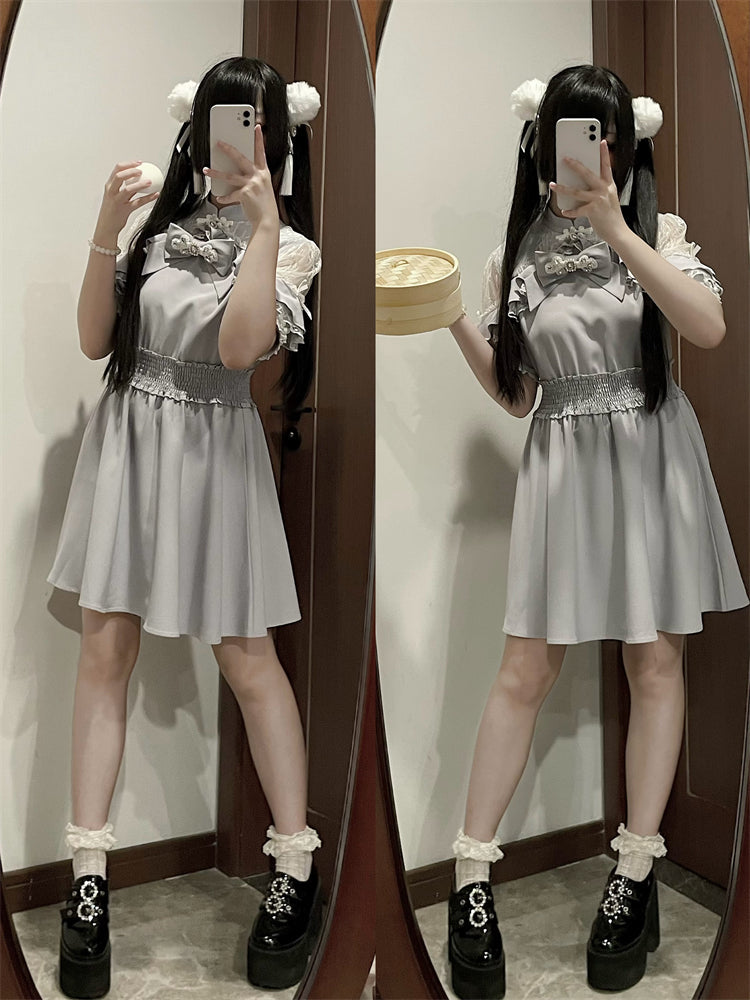Chinese-style Lace Ribbon Off-shoulder Dress