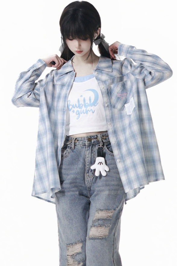 Plaid Shirt + Camisole + Denim Pants