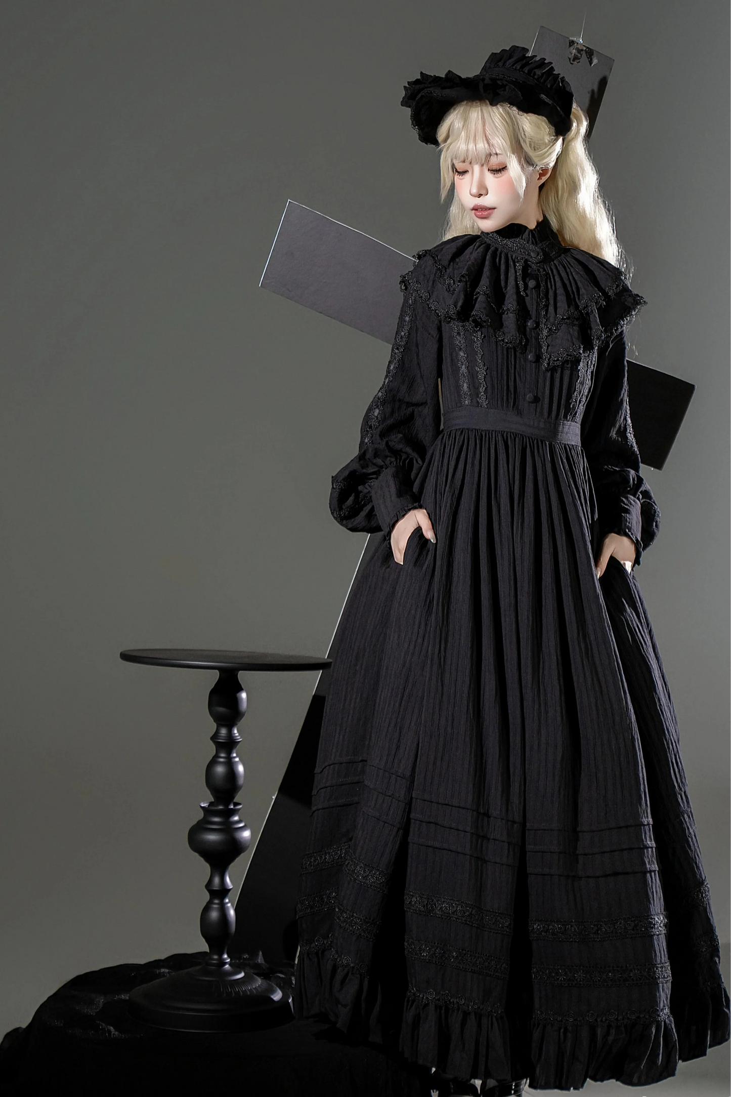 Dark Gothic Long Dress + Lace Collar